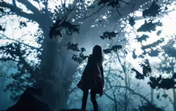 a woman is standing near a tree in the night
