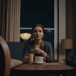 woman sitting at the table with coffee mug