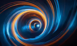 colorful swirling design on black with orange and blue