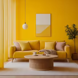 a living room with yellow and orange colors