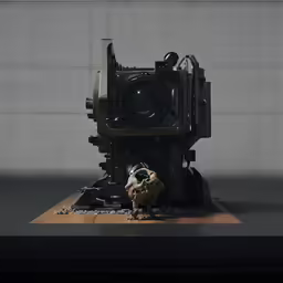 a small lego dog laying by a camera