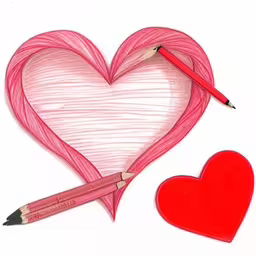 pencil and sharpener cut into a heart and two pieces are cut out,there is a drawing of two hearts and a pencil,there is a pencil and two heart shapes on the table,the pencils are in a heart shaped box with the eraser and a piece of paper,a heart shape pencil with a drawing on it and a pencil