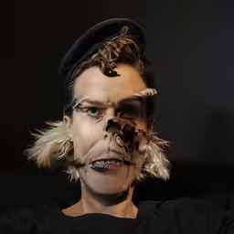 a woman with dark makeup and a fake mustache