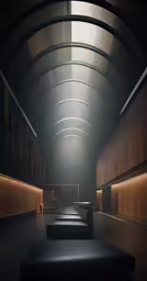 the hallway of a building with some lights on