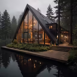 a house with a lake and a roof that has an attic