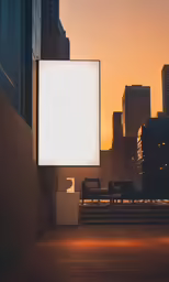 an empty street sign stands next to a city at sunset