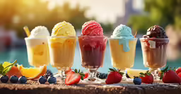 five different flavored ice creams with various toppings