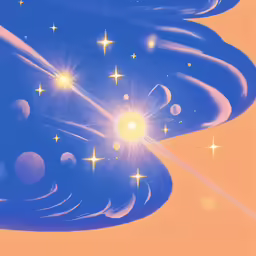 a picture of the sun, with small stars flying above it