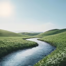 a river running through a green field under a blue sky