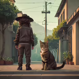 a cat sitting next to a man wearing an armor suit