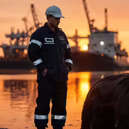 a man standing next to a brown horse