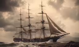 a large sailing ship with lots of sails is in the middle of the ocean