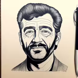 a drawing of a bearded man, looking at camera,a drawing of a man with a beard in black and white,the drawing of james mca is drawn on paper,a pen drawing of a man