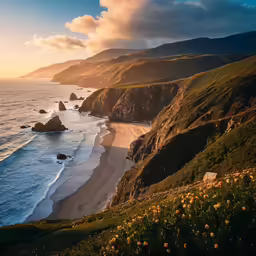 the ocean is next to a large rock on the side of a cliff