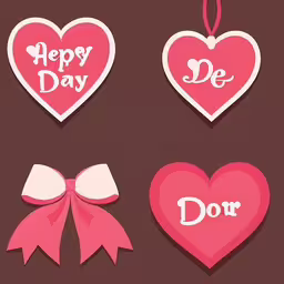 the two hearts have ribbons attached to it,three valentine day hearts are hanging from strings,valentines day cards showing hearts and ribbons,a group of paper hearts, and the words happy valentine