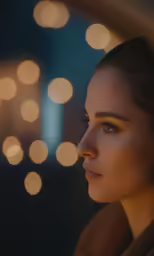 a woman with big eyelashes staring out the window