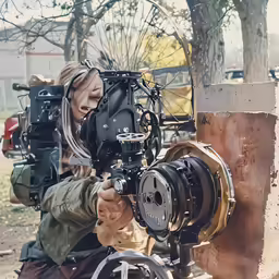 a person squatting down holding an item with the camera