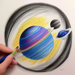 a drawing of planets in perspective, with the sun in the background,a drawing of a hand holding a pen in front of the image of planets,a colored pencil drawing of the planets earth and stars,a drawing of two planets and the sun,a hand drawing an image with colored pencils