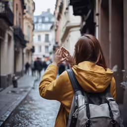 a woman walking down a street while holding her hands up to her face