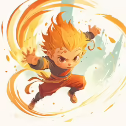 a drawing of a kid with orange hair and yellow eyes is flying in the air