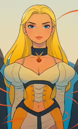 the girl with blonde hair and blue eyes wearing yellow and black clothing