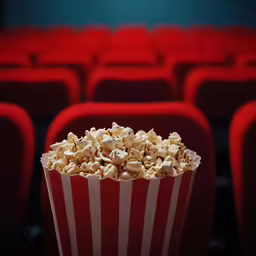 the popcorn is in the red and white striped bag