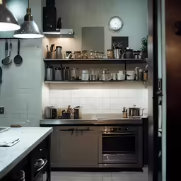 a stove top oven sitting in a kitchen under some lights