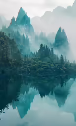 a foggy mountain lake surrounded by forest