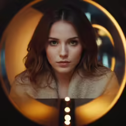 there is a young woman looking through a small round mirror