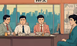 four men sit at a table together with two drinks,a comic shows three people sitting at a table in an office and another man is standing behind the counter