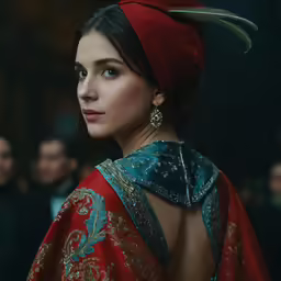 the woman in a red sari is standing and looking away