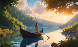 a person standing in the water while rowing a boat,a girl standing in a boat with the bow of it near the water