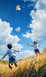 two young children fly a kite in a field