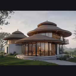 the circular house with many windows is located on the edge of a grassy area