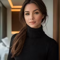 a woman wearing a black turtleneck sweater leaning against the wall