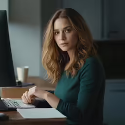 a lady sitting at a computer, looking at the camera