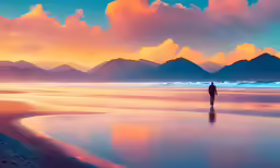 the person is walking on the beach in front of a cloudy sky