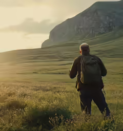 a man with a backpack looks up a hill