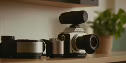 a camera is sitting on a wooden table
