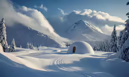 snow - covered mountain landscape with a little hut in the foreground