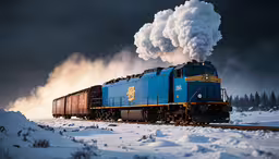 a locomotive train with a long stack of steam coming out of it