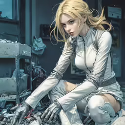 a woman kneeling on top of a pile of trash
