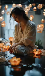 a young woman kneeling down on the ground working on some lights