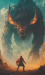 a man holding a violin stands in front of an alien monster