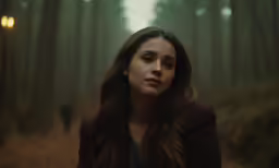 a woman standing in the middle of a forest