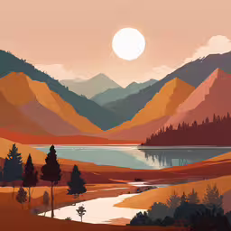 a painting shows a scenic valley and lake,a painting of mountains in the distance and water