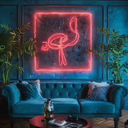 a blue velvet couch sitting in a living room