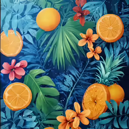 oranges, flowers, and leaves on a blue background