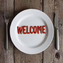 the word welcome written on a plate with two forks