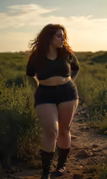 a woman in short pants walking on dirt path